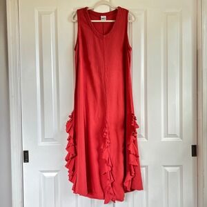 Abaca Coral Red 100% Cotton Sleeveless Ruffle Maxi Dress Size‎ L